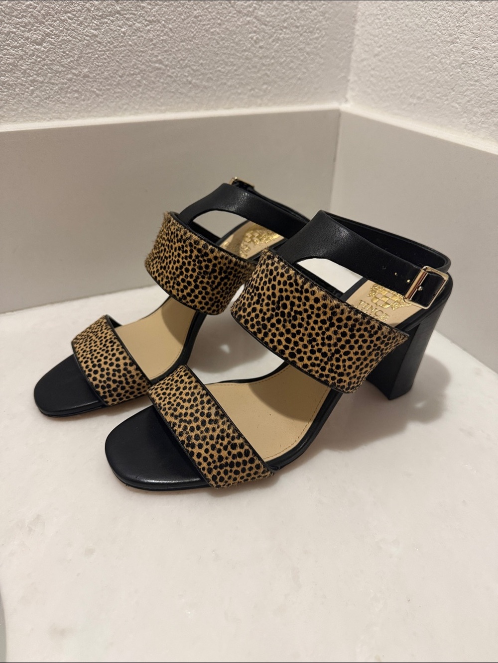 Vince Camuto Black & Leopard Block Heel Sandals